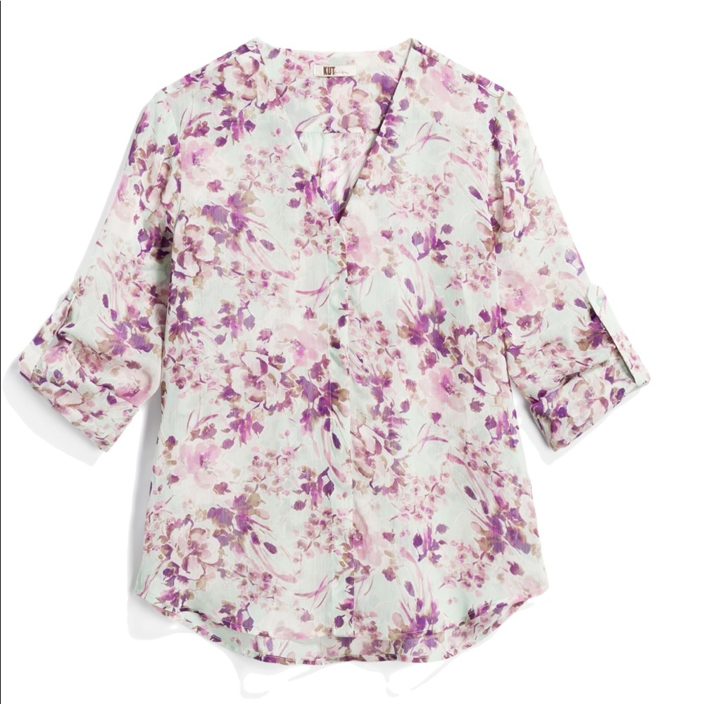 Kut from the Kloth Floral V-Neck Blouse in White and Purple